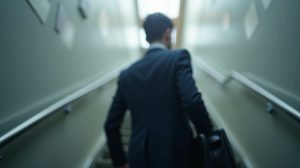 Commuter walking up MTR station stairs carrying work bag during morning rush hour, natural lighting from above