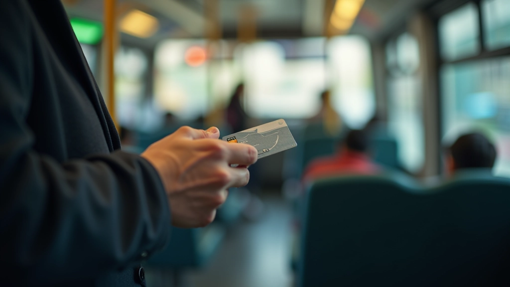 Person using Octopus card to tap payment reader on bus with route number visible