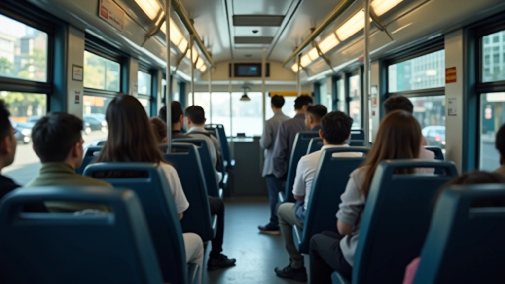 Interior of busy bus during rush hour with passengers and handrails visible