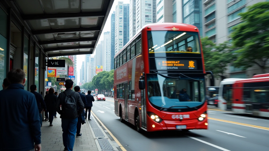 Bus stop with passengers waiting, double-decker bus approaching on Hong Kong street with urban buildings