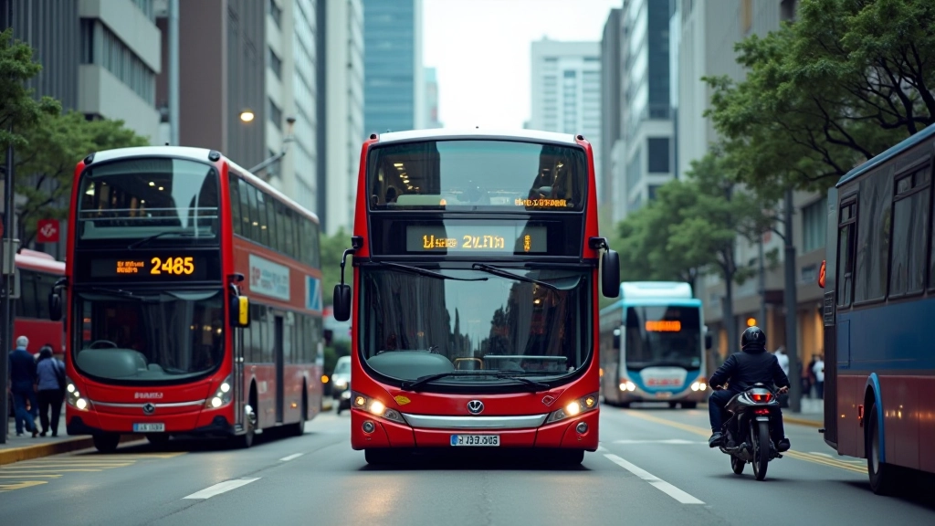 Hong Kong bus and minibus on busy street with multiple commuters