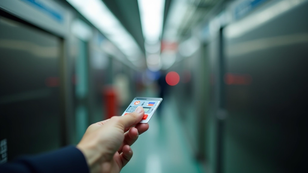 Close-up of Octopus card being tapped on reader at MTR turnstile, showing fare deduction process