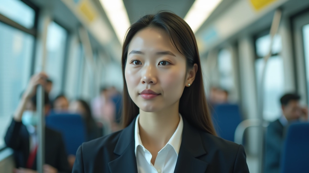 Woman commuter in professional attire on MTR train, portrait from chest up